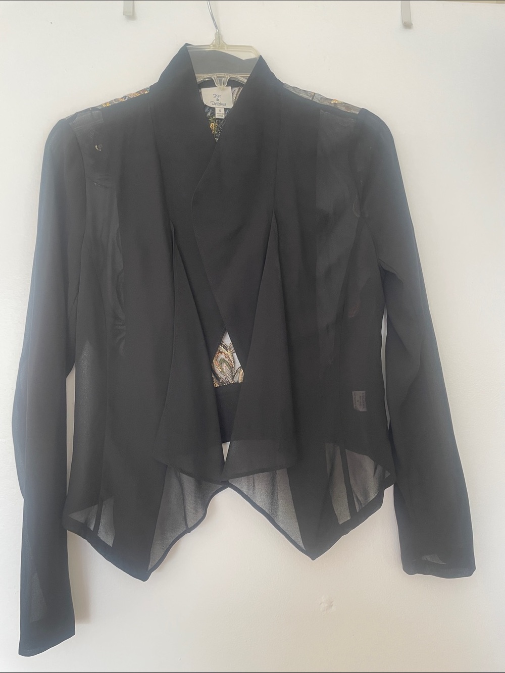 Delicious Black Sheer Open-Front Blazer with Peacock sequin Accent